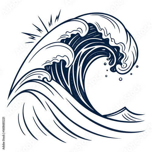 Stylized illustration of a powerful dark blue ocean wave crashing with a white background