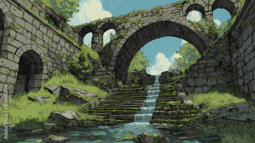 Ruined aqueduct spanning a ravine, overgrown staircases and trickling runoff between stone joints. Illustration