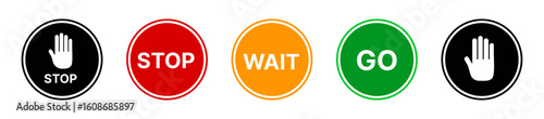 Stop, Wait, and Go Road Sign Vector Set – Traffic Safety Symbols with Alert and Forbidden Icons – Red Stop Sign Isolated.