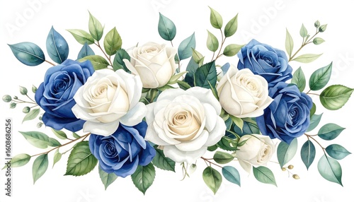 Watercolor painting of a horizontal arrangement of blue and white roses and greenery