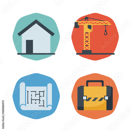 Construction and Building Icons Set with House Crane Blueprint and Toolbox