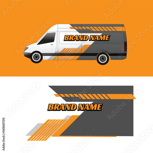 Modern van livery design template featuring yellow, gray, and white elements in an abstract geometric style. Ideal for commercial branding, transport service, and delivery vehicle wraps.