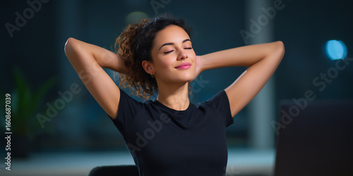 businesswoman stretching after long work session