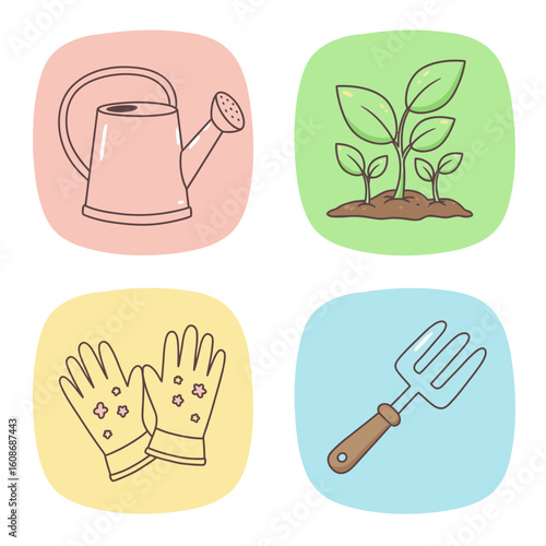 Cute Gardening Icons Set with Watering Can Plant Gloves and Fork