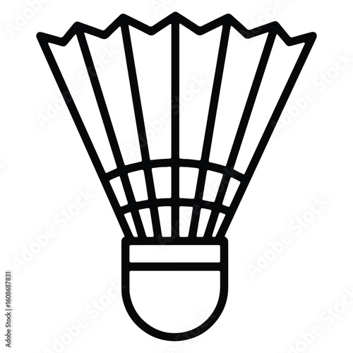 Black and white line art illustration of a badminton shuttlecock isolated on white background