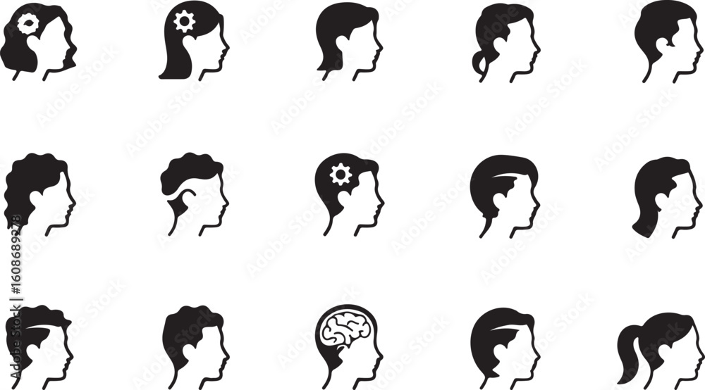 Obraz premium Variety of Stylized Head Profiles Illustrating Human Thought Processes and Diverse Hairstyles in a Minimalist Black and White Design