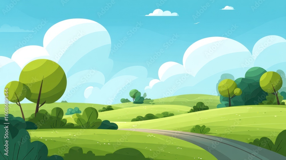 Fototapeta premium Cartoon countryside green hills, trees, and blue sky with puffy clouds
