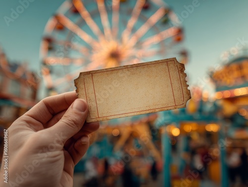 Hand holding vintage ticket at a carnival with Ferris wheel