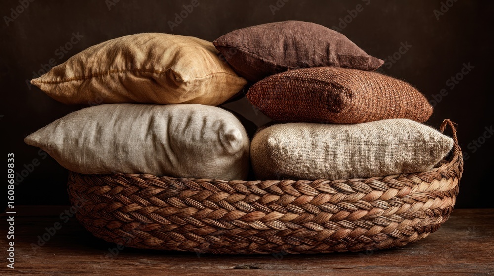 Obraz premium Cozy Autumnal Still Life: Stack of Pillows in Wicker Basket
