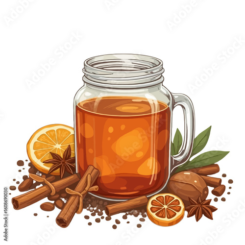 Aromatic spiced drink in a mason jar mug with orange, cinnamon, and nutmeg spices on a white background.