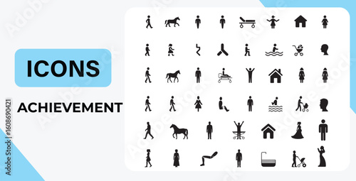 Diverse Icon Set Symbolizing Achievements a Variety of Human Experiences and Activities Represented in Simple Black Silhouettes on White