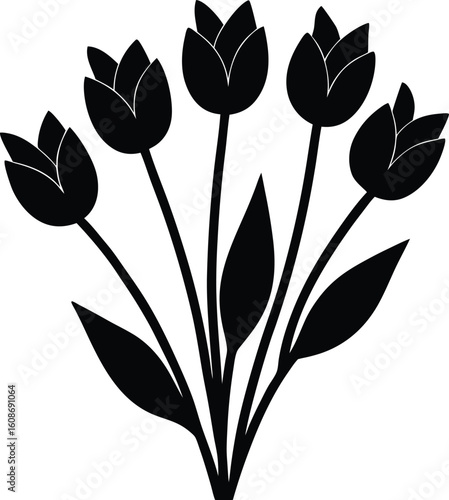 Black silhouette of a bouquet of five tulips isolated on transparent background