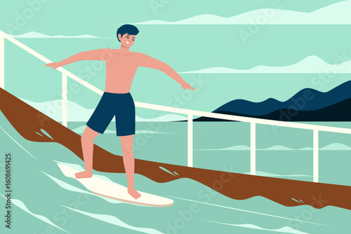 A young man enjoys surfing on an artificial wave setup aboard a cruise ship.