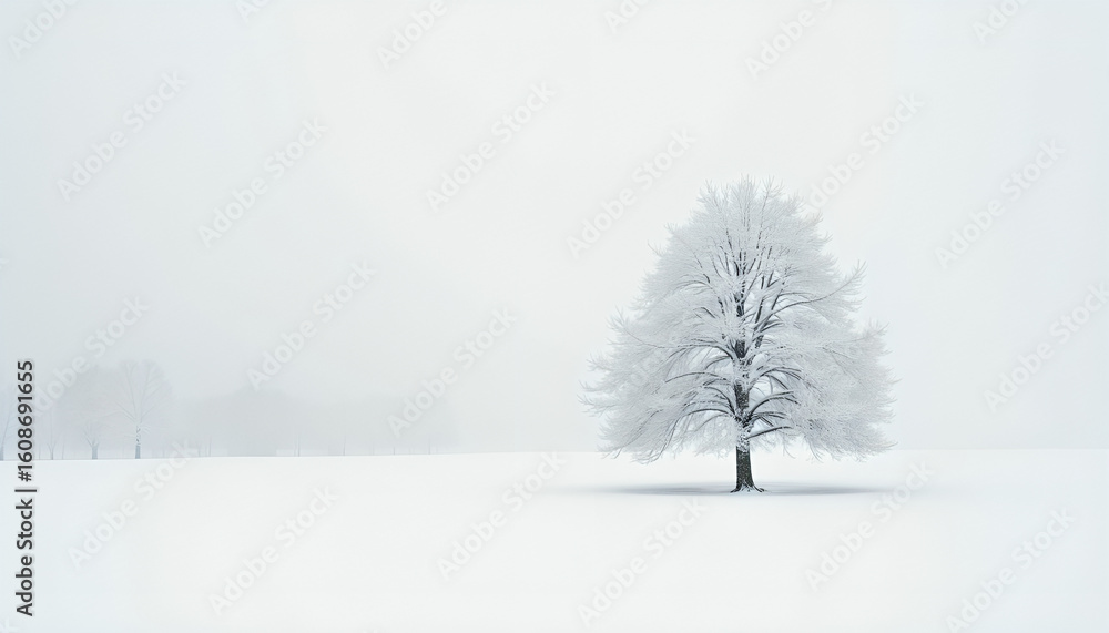 Fototapeta premium Minimalist Winter Landscape with Lone Snow-Covered Tree