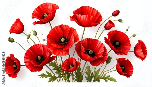 Vibrant red poppies in full bloom against a white background