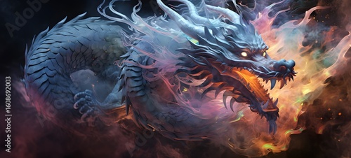 a light white dragon , coming out of the smoke, generative AI