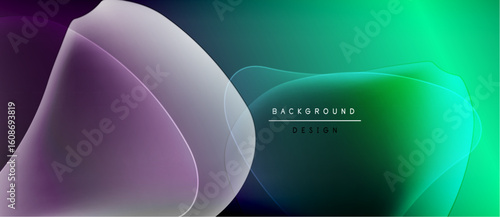 Abstract fluid shapes blend purple, teal, green hues. Dark background emphasizes layered, translucent forms. Minimal text reads background design.
