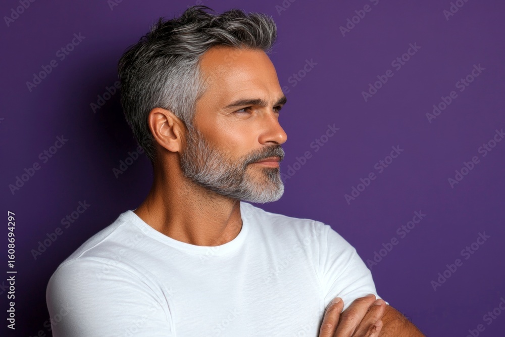Fototapeta premium Purple solid background. Trendy men's high fade haircut - midlife white man with hair. An artistic and modern man captured in a studio. Idea of style for aging men.