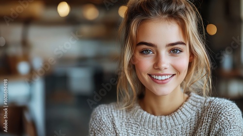 A smiling young woman in a cozy sweater, enjoying a moment in a warm caf? setting.