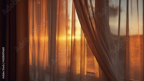Golden Hour Through Sheer Curtains: A Serene Sunset View