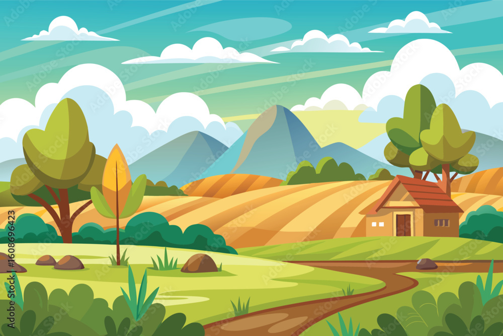 Fototapeta premium Vibrant countryside landscape with farmhouse and fields