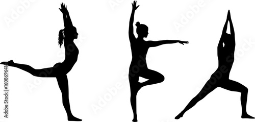 silhouette of women doing yoga poses, on white background, yoga, fitness, exercise, monochrome, high contrast, simple composition, illustration, clean lines, minimalist, vector graphics