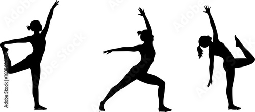 silhouette of women doing yoga poses, on white background, yoga, fitness, exercise, monochrome, high contrast, simple composition, illustration, clean lines, minimalist, vector graphics