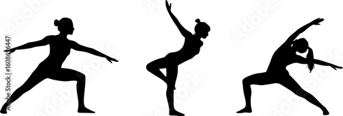 silhouette of women doing yoga poses, on white background, yoga, fitness, exercise, monochrome, high contrast, simple composition, illustration, clean lines, minimalist, vector graphics