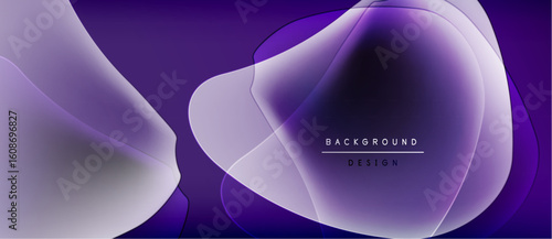 Abstract purple shapes overlap, creating soft gradients. Minimalist design with text elements background, design. Dark backdrop enhances visual impact.