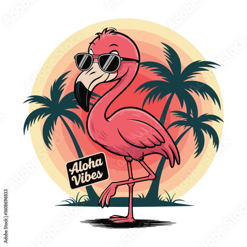 Retro pink flamingo with shades in tropical landscape, captioned “Aloha Vibes.” Vector illustration design.