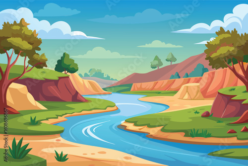 Vibrant river valley landscape with lush greenery