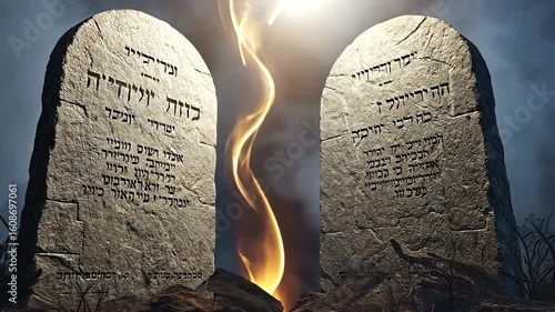 Ancient stone tablets with inscriptions surrounded by mystical light and dark clouds