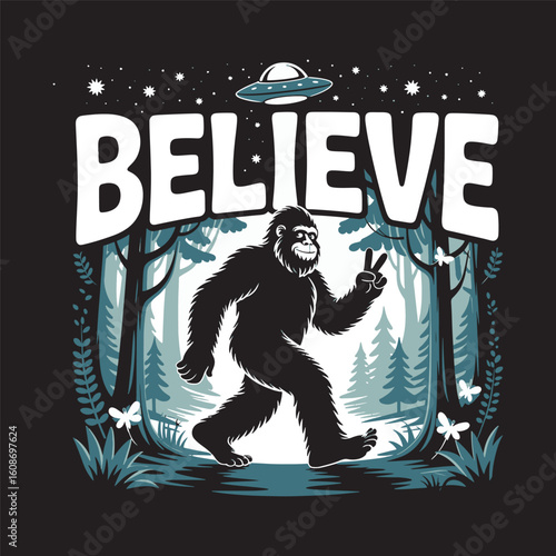 Alien abduction scene with bigfoot walking into UFO beam, “Believe” captioned. Vector illustration design.