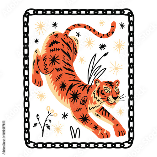 Jumping tiger with stylized stars and frame in bold hand-drawn art style. Vector illustration design.