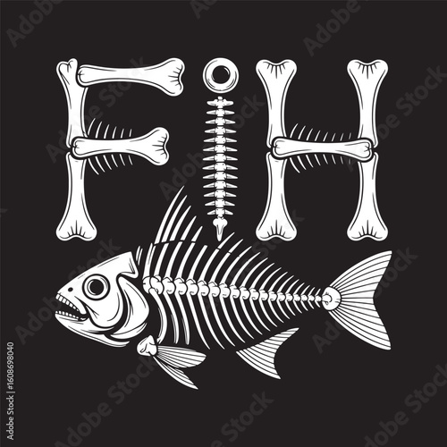 Fish bones forming the word “FISH” in clever typography over dark background. Vector illustration design.