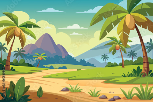 Tropical paradise landscape with palm trees and mountains