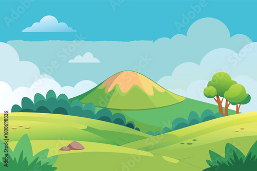 Vibrant cartoon mountain landscape with rolling hills and trees