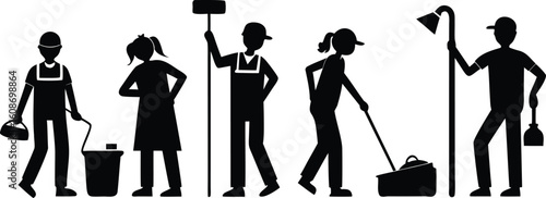 Vector art of a group of diverse cleaning professionals in silhouette, equipped with tools for a spotless finish isolated on transparent background.