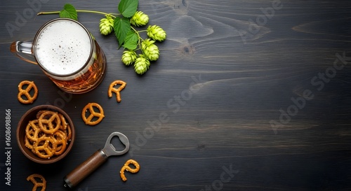 Refreshing lager beer in a glass mug with pretzels and hops on a dark wooden table