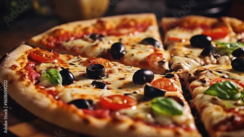 Fresh pizza with tomatoes, olives, and basil. AI.