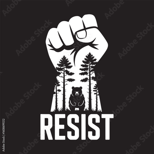 resist fist graphic with forest and bear silhouette, representing unity and nature protection. Vector illustration design.