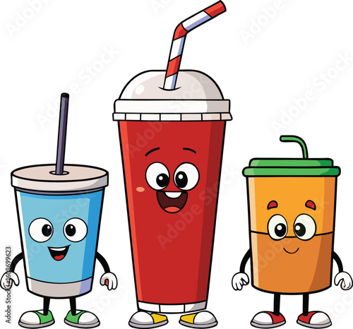 Cartoon Drinks Characters with Straws and Shoes on Transparent Background