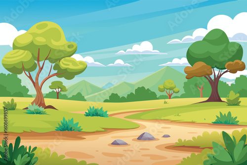 Vibrant cartoon landscape with winding path and lush trees