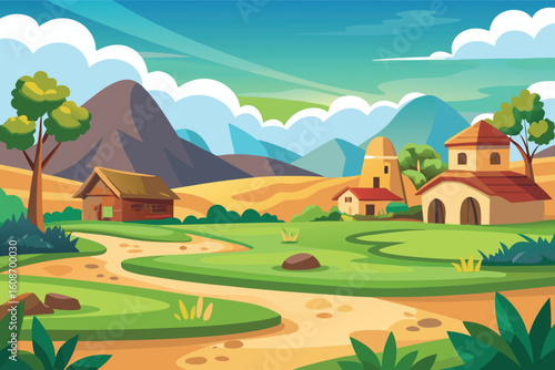 Vibrant rural village landscape with winding paths