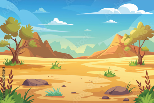 Vibrant desert landscape with rocky formations and sparse vegetation