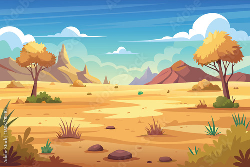 Vibrant desert landscape with autumn trees and rocky formations