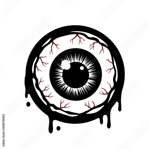 Creepy eyeball with blood vessels and dripping goo silhouette