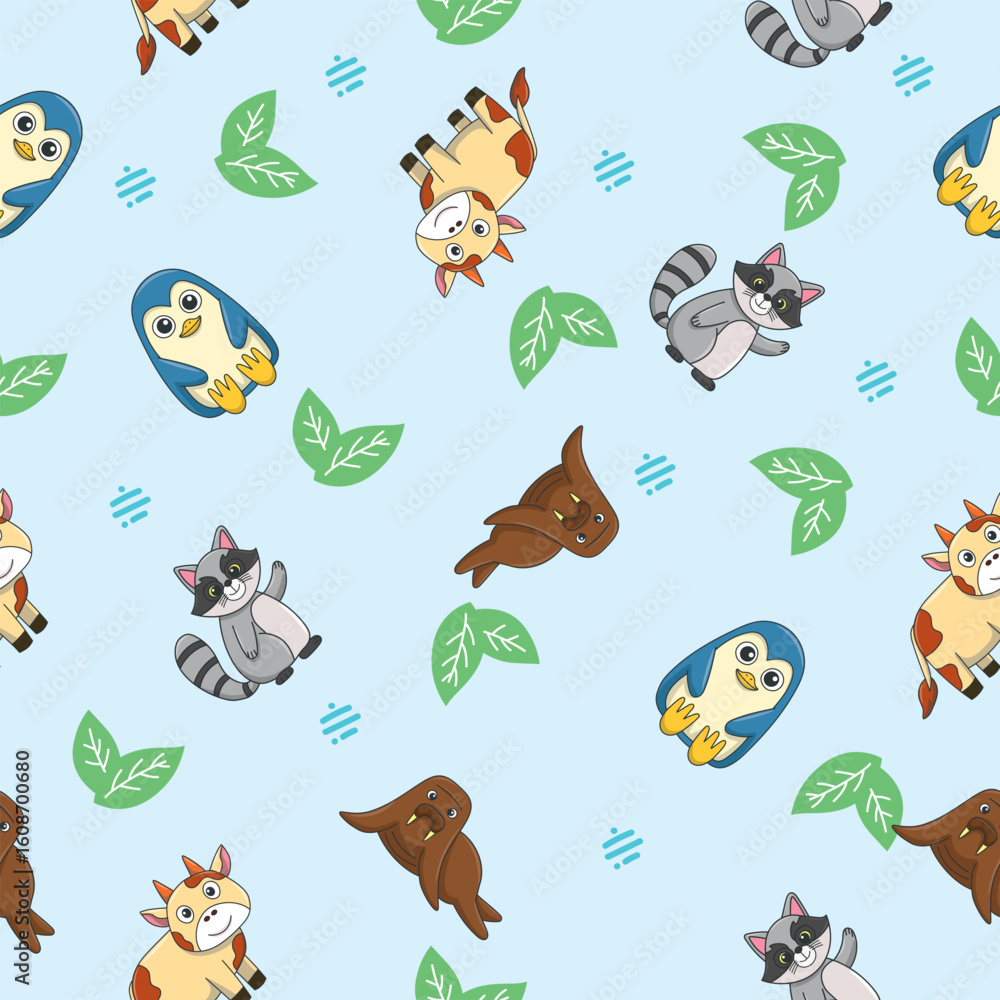 Obraz premium Cute wild animals seamless pattern for baby shower decor, nursery print, kindergarteen wallpaper, fabric, and textile. Vector illustration