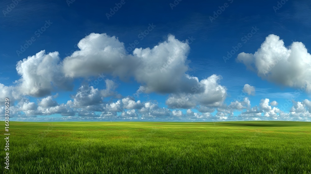 Obraz premium Lush green field under bright blue sky with white clouds.