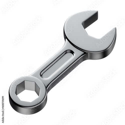 A shiny chrome wrench, isolated on transparent background, symbolizes repair, maintenance, and the tools of engineering and construction